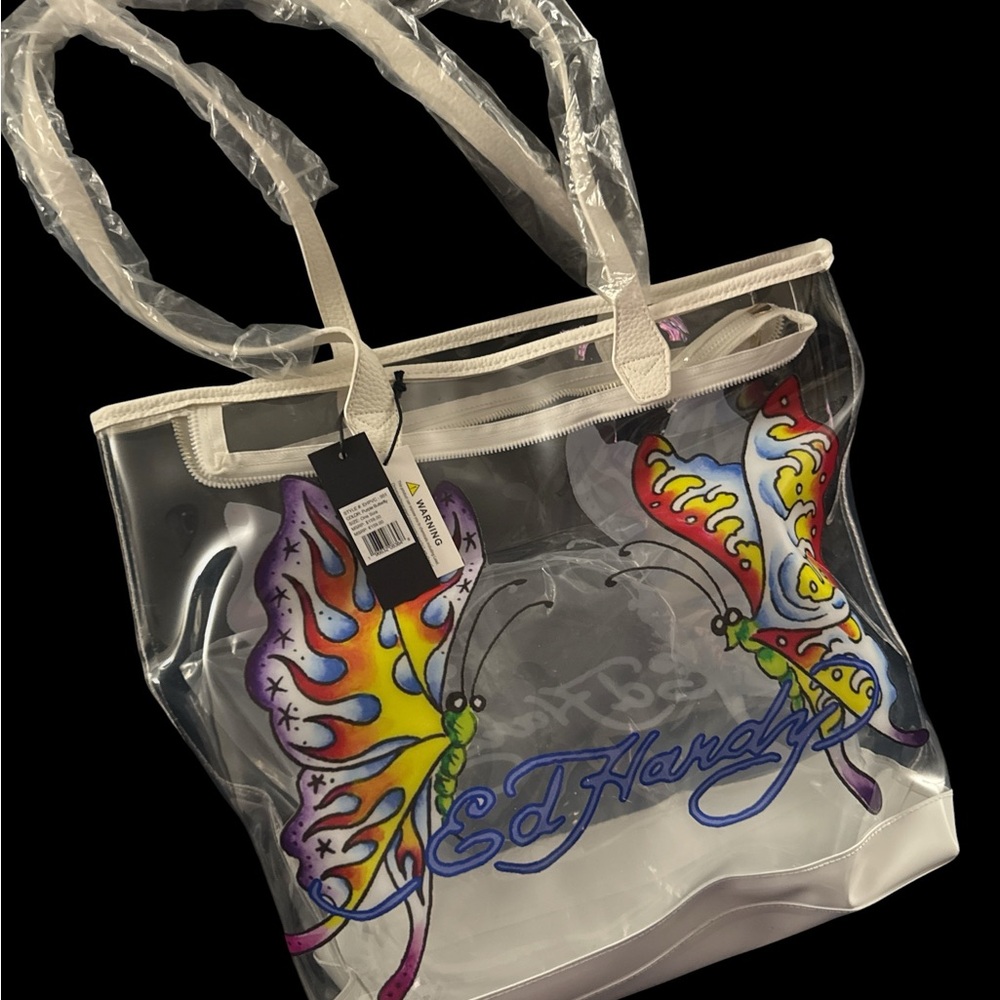 Ed Hardy Clear Tote with Butterfly - White Trim